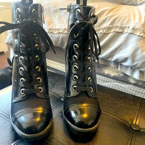 Black patch patent leather BCBG ankle tie up boot
